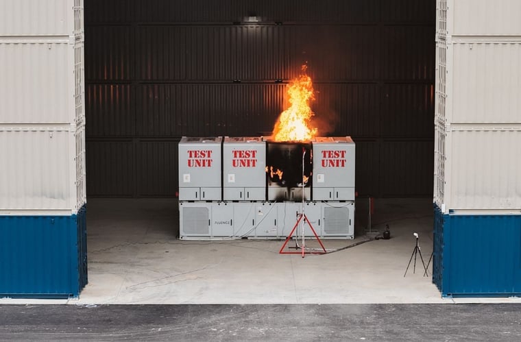 Fluence Smartstack test unit on fire during the public UL 9540A fire test by Fire & Risk Alliance