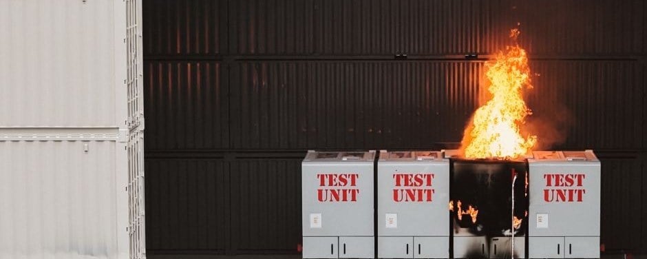 Fluence Smartstack test unit on fire during the public UL 9540A fire test by Fire & Risk Alliance