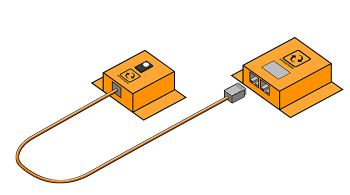 The sensor connects to the base unit over a standard network cable. Max distance is 100m/330ft
